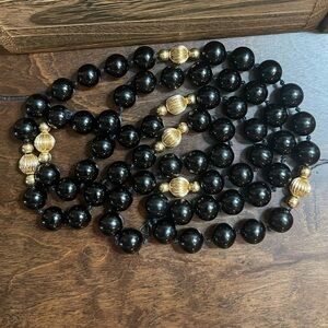 14KT Gold Beaded Black Onyx Strand Hand Knotted 34” Necklace